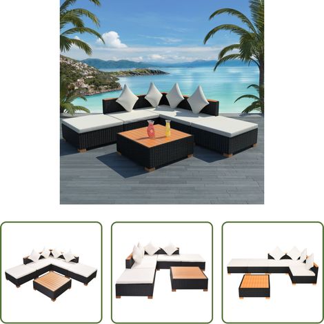 Canapé en rotin - Salon de jardin 6 pcs avec coussins résine tressée noir (1/5)