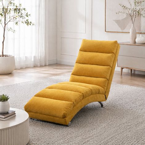 Poltrona chaise longue fissa in lino senape, schienale ergonomico, 148 x 55 x 84 cm HAVRYA (1/5)