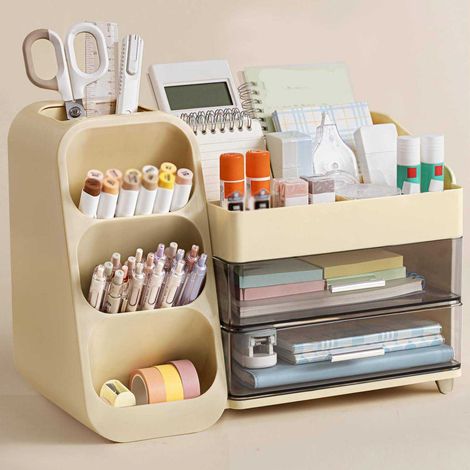 Organiseur de bureau avec porte-stylo, organiseur de stylos à 2 tiroirs, organiseur de bureau à 4 compartiments et accessoires. (1/3)