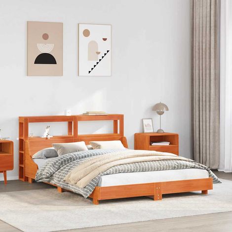 Cadre de lit 140 x 190 cm avec tête de lit et étagères, pin massif, cire marron - PANGIVO (1/5)