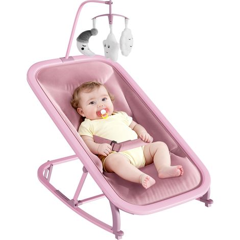 Transat balancelle aluminium confortable pour bébé, dossier 3 positions, barre de jeux, housse lavable, pieds antidérapants, rose (1/5)