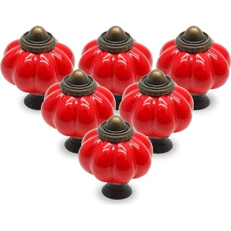 Lot de 12 poignées de porte en céramique rouge, poignées de tiroir, poignées de placard vintage en forme de citrouille avec vis de fixation, poignées