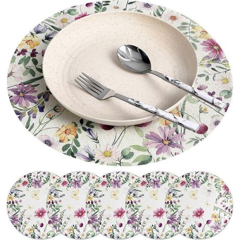 Lot de 6 sets de table ronds à motifs floraux, en lin, style champêtre, pour tables à manger printanières-35.00X35.00X0.10CM (1/3)