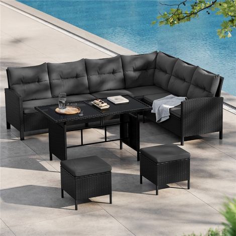 Yaheetech Set Mobili da Giardino in Rattan PE con 1 Divano ad Angolo 1 Tavolo 2 Pouf, Mobili Esterni 7 Posti con Cuscini per Patio Balcone Terrazza, Nero e Grigio