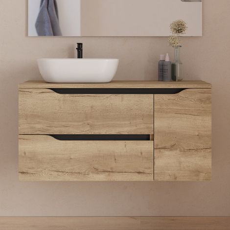 Meuble de salle de bain 100cm avec plateau et vasque à poser déportée à gauche Zeus - sans miroir - 2 tiroirs et un placard - madera miel (bois clair) - ZARZA