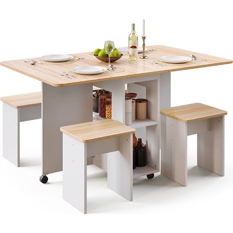 Ensemble Table à Manger pliante avec 4 Chaises,Table de cuisine avec 2 Etagères de Rangement et Roues Verrouillables,120 x 80 x 80 cm,Chêne et Blanc, Mondeer