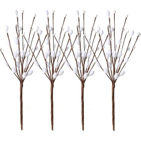 Lot de 4 Branches décoratives Chaton en osier Flexible Plante artificielle Décoration Pâques Printemps Blanc
