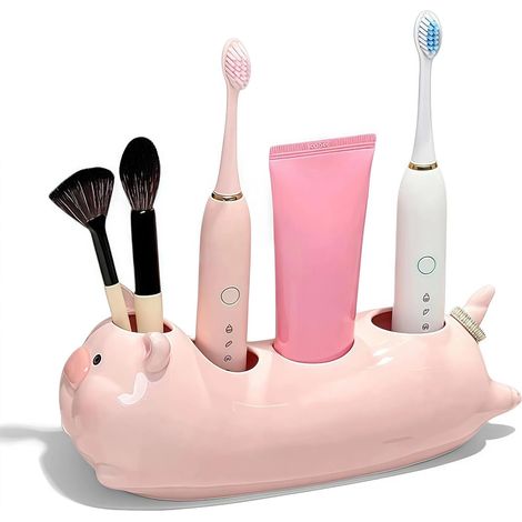 Porte-brosse à dents mignon en forme de cochon, organisateur de salle de bain en céramique avec large fente, support de comptoir pour brosses à dents manuelles et électriques, décoration originale pou (1/5)