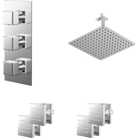 Cubix Polished Chrome Concealed Triple Thermostatic Shower Valve and 300mm Square Head with 150mm Ceiling Arm and 4 Body Jets - 2 Outlet (1/5)