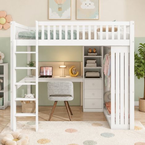 Cama alta 140 x 200 cm con escritorio, armario, 3 cajones, estantes abiertos, barandillas y escalera, en pino y MDF, blanca, ideal para dormitorio infantil CHICFURN (1/5)