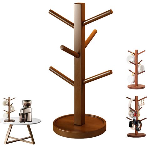 Opbergrek voor kopjes - Bekerhouder - mokkenhouder in de vorm van een boom - koffiekopjeshouder met 6 haken - houten mokkenrek voor op het aanrech t- accessoires voor de koffiebar en opbergstation- (1/5)