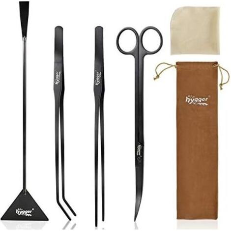 Long Outil d'Aquarium Premium en Acier Inoxydable, 4pcs Plantes Aquatiques Pincettes Ciseaux Spatule Kit avec 1 Chiffon de Nettoyage pour Aquarium Débutant - (1/5)