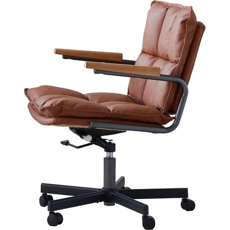 Fauteuil de bureau en cuir ergonomique à roulettes, siège pivotant réglable en hauteur avec accoudoirs en bois de chêne, chaise confortable pour dirigeants. (1/4)