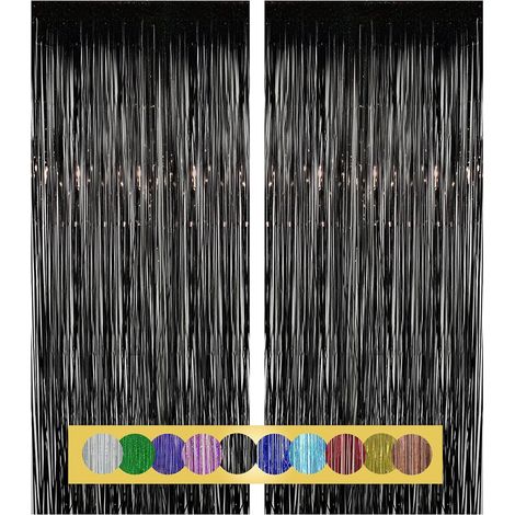 2 Stück 1 x 2 m schwarzer Fransenvorhang aus metallischer Glitzerfolie, Vorhangdekoration für Silvester, Geburtstage, Hochzeitsfeiern  Fransen zur Dekoration (1/4)