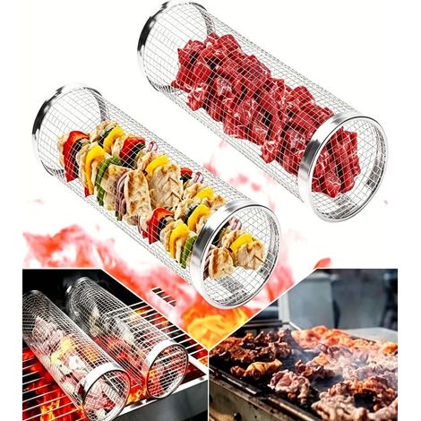 Lot de 2 paniers à griller à roulettes en acier inoxydable 304 avec crochet de suspension. Accessoires de haute qualité pour le barbecue, parfaits pour les grillades en extérieur et comme cadeau idéal (1/5)