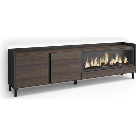 Skraut Home - Meuble TV, Banc Télé, Grand espace de Rangement, 212x35x61cm, Pour les TV jusqu'à 80", Cheminée électrique XXL, Design industriel, LED, Style moderne, Chêne foncé et Noir (1/5)