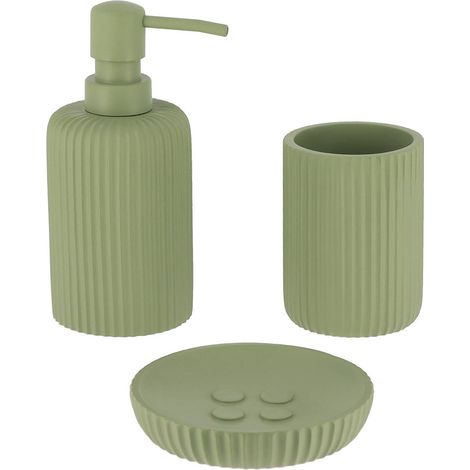 Set gobelet distributeur a savon et porte savon polyresine striee - kaki - Tendance (1/2)