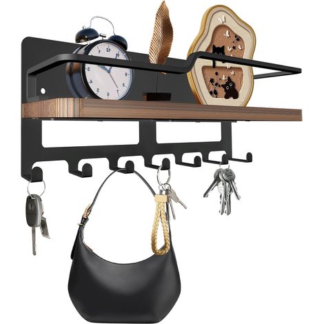 1 Porte Clés Mural, Étagère En Bois, 7 Crochets Métal, Rangement Clés, Pour Entrée Salon (1/5)