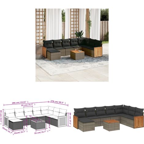 9-tlg. Garten-Sofagarnitur mit Kissen Grau Poly Rattan - Gartenmöbel Set - Esstisch - Lounge Möbel - Outdoor Möbel - Rattan Gartenmöbel - Home & Living (1/3)