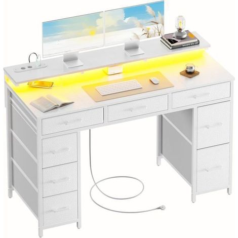 ECOFURNIX - Bureau Gaming Ergonomique avec 8 Tiroirs - Métal et Bois - Blanc - 120 x 50 cm