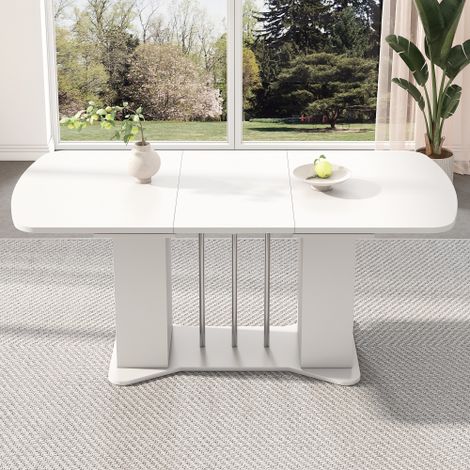 Table de salle à manger extensible,120/160 x 80 cm,pieds en métal finition argentée,table avec espace de rangement,table multifonction,pour 4 à 6 personnes,blanc et pieds finition argentée,Blanc (1/5)