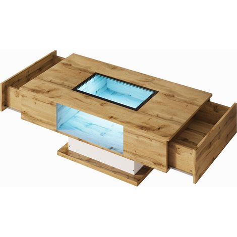 CAIziTable basse de salon, éclairage LED multicolore, plateau verre, 2 tiroirs (1/5)