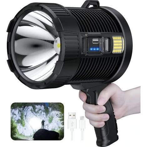Projecteur rechargeable - 100 000 lumens - Lampe torche - Grand projecteur solaire extérieur ultra-lumineux - avec LED COB, 6 modes d'éclairage - Étanchéité IPX5 (1/5)