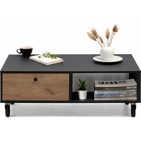 Mesa de Centro 110x55x38 negro y roble, con cajón, balda abierta y ruedas industriales (1/5)