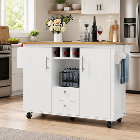 Îlot de cuisine mobile rabattable 137,9x73x92cm blanc et bois, desserte à roulettes, 2 portes, 2 tiroirs, casier à vin, porte-épices