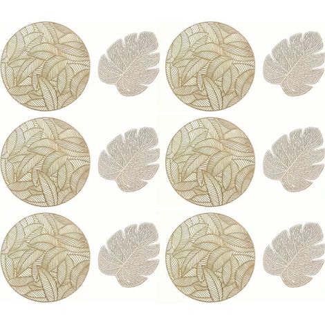 Set de 6 Dessous de Plat Ronds et 6 Dessous de Verre en Forme de Feuille, Isolation Creuse, Doré, pour Table à Manger (1/5)
