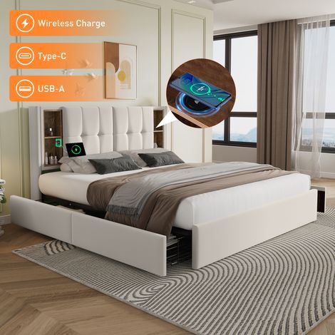 Lit double avec recharge sans fil USB C & 4 tiroirs, cadre de lit capitonné 160x200cm, sommier à lattes en velours bois beige (sans matelas) REDOM (1/5)