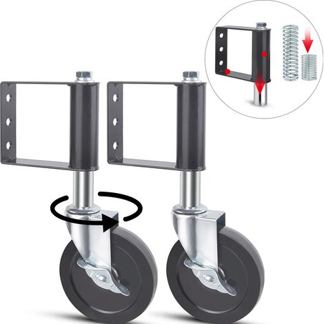 Lot de 2 roulettes de portail à ressort de 12,7 cm (5 pouces), robustes, en caoutchouc, pivotantes et supportantes. Capacité de charge : 100 kg. Idéales pour portails de jardin, fermes, etc. Couleur : (1/5)