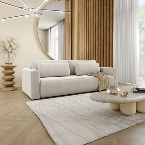 Petits-Meubles – Canapé convertible 3 places coffre – Couchage 198 x 135 cm – Tissu 100% polyester – Design moderne gris clair (1/5)