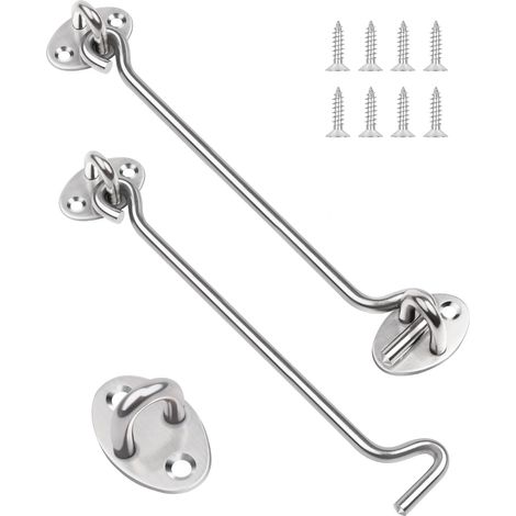 Lot de 2 crochets et œillets de 20,3 cm en acier inoxydable argenté Crochets de verrouillage de porte à œillet de 200 mm, pour portails en bois, support de fenêtre, porte, abri de jardin (1/5)