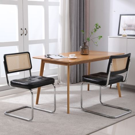 Sedie da pranzo medievali moderne, set di 2 sedie da pranzo in rattan con morbidi elementi imbottiti in similpelle, sedie in rattan senza braccioli con schienale in rete, gambe in metallo cromato (Ner