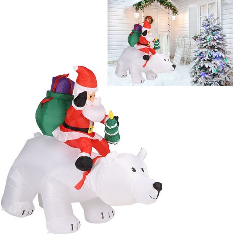 Père Noël gonflable chevauchant un ours polaire, modèle gonflable illuminé par LED tenant des cadeaux. Père Noël chevauchant un ours à tête branlante, norme européenne 220-240 V. (1/5)
