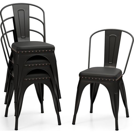 COSTWAY Metal Dining Chair Set of 4 Indoor Stackable Kitchen Chairs-Black Grey (1/5)