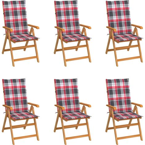 vidaXL Sillas plegables, 6 unidades, cojines con estampado de cuadros rojos, madera maciza de teca. (1/5)