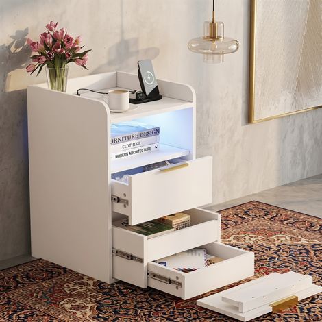 Comodino bianco con presa usb e led - tavolino da notte scandinavo moderno 40 x 40 x 60 cm con 2 cassetti e scomparto segreto per camera da letto (1/5)