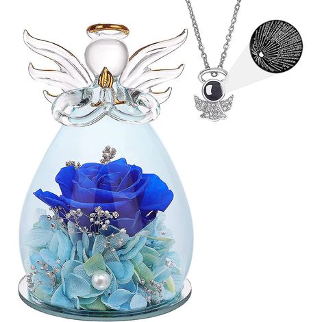 Cadeau pour la fête des mères ou l'anniversaire de maman : Statue d'ange en verre ornée de jolies fleurs violettes - Bleu foncé - Taille M (1/5)