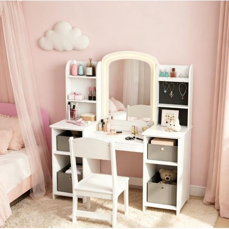 Kinderfriseur-Set mit Hocker und LED-Spiegel, Schminktisch für Kinder von 3 bis 8 Jahren (1/5)