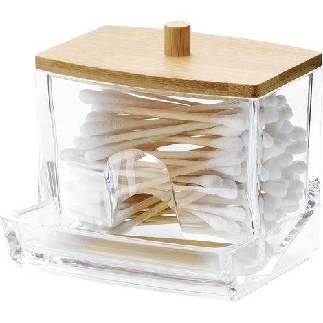 1 Boîte de rangement, Coton-tige, Disque coton, Fil dentaire, Bambou, Polystyrène transparent, Salle de bain (1/5)