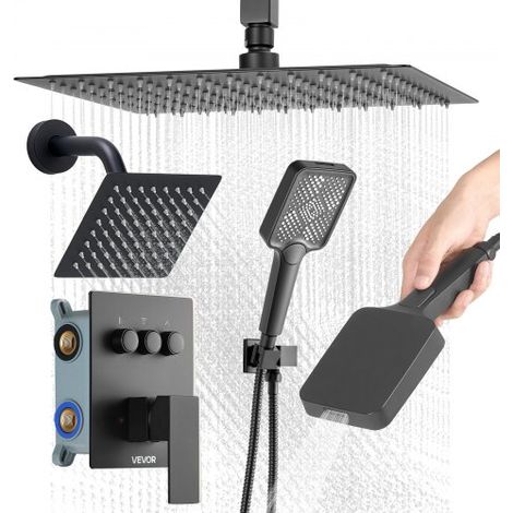 Sistema de Ducha Elegante, con Ducha de Lluvia de 30 cm, Cabezal de Pared de 15 cm, Cabezal de Lluvia Doble Giratorio 3 Funciones, Válvula de Latón y Kit de Embellecedor, Color Negro Mate (1/5)