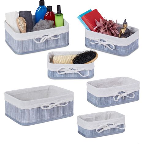 Cesto Almacenaje Set de 6, Bambú, Tela, Caja Oganizadora Rectangular Estantería, Armario, 3 Tamaños, Gris, Crema (1/5)