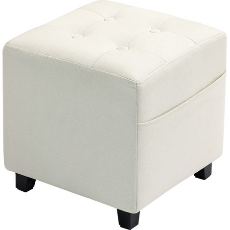 Cremefarbener, gesteppter Leinen-Hocker, 35 cm, mit Seitentasche