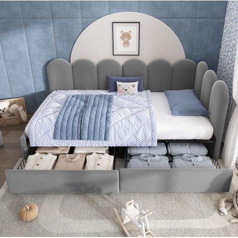 Letto imbottito in velluto grigio 90x190 cm con 2 cassetti e rete a doghe (1/5)