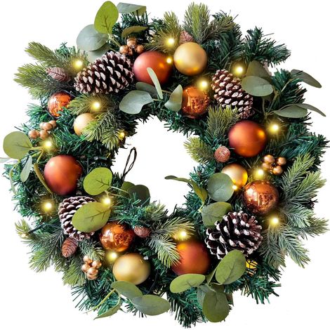 45 cm großer beleuchteter Weihnachtskranz zur Dekoration der Haustür mit goldenen Kupferkugeln, einfach zu dekorieren