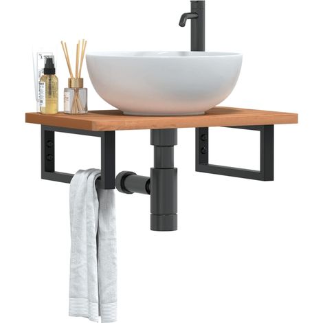 Estante de lavabo de pared de acero y madera maciza de haya