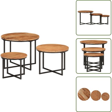 The Living Store Satztische 3 Stk. Massivholz Akazie und Eisen - Couchtisch - Holzcouchtisch - Akzenttisch - Nighstand - Beistelltisch (1/5)