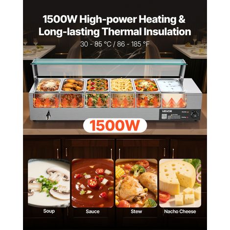 Chauffe-Plat Électrique à Vapeur 1500 W, Buffet Chauffant en Inox, Bain-marie avec 6 Bacs de 1/3, Couvercle en Verre et Louches à S… (1/5)